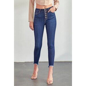 Kan Can Raw Frayed Hem Skinny Jeans in Indigo Blue